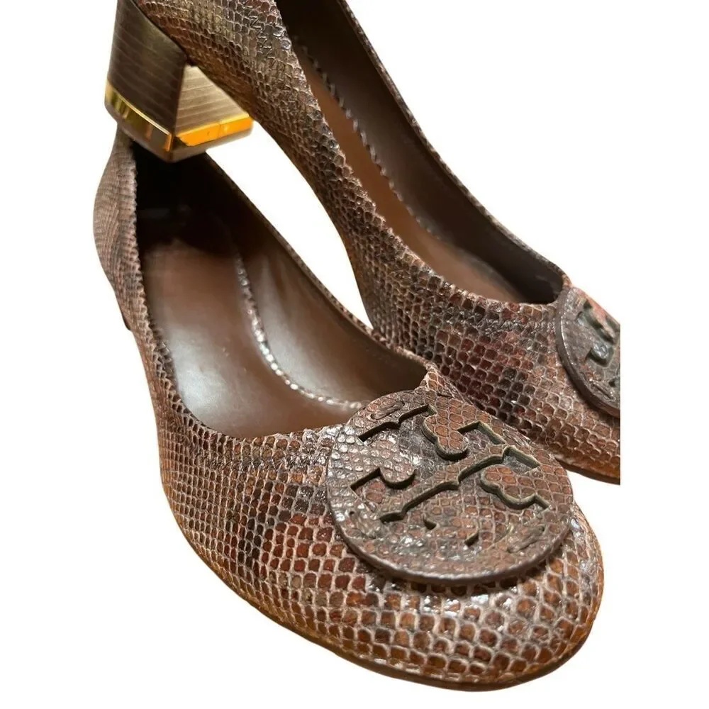 NWOB Tory Burch Amy Brown Snake Skin Leather Block Low Heels 10.5 US